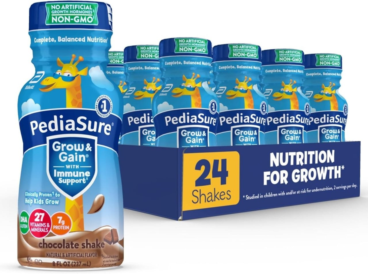 PediaSure Grow & Gain with Immune Support, 27 Vitamins & Minerals for Kids, 7g Protein, Non-GMO, Gluten-Free, Chocolate, 8-fl-oz Bottle, Pack of 24